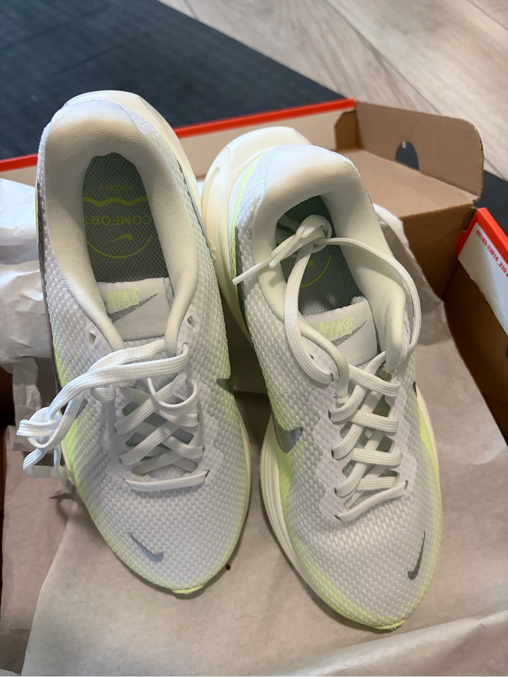 Nike Women’s White and Light Yellow-Green Athletic Running Sneakers